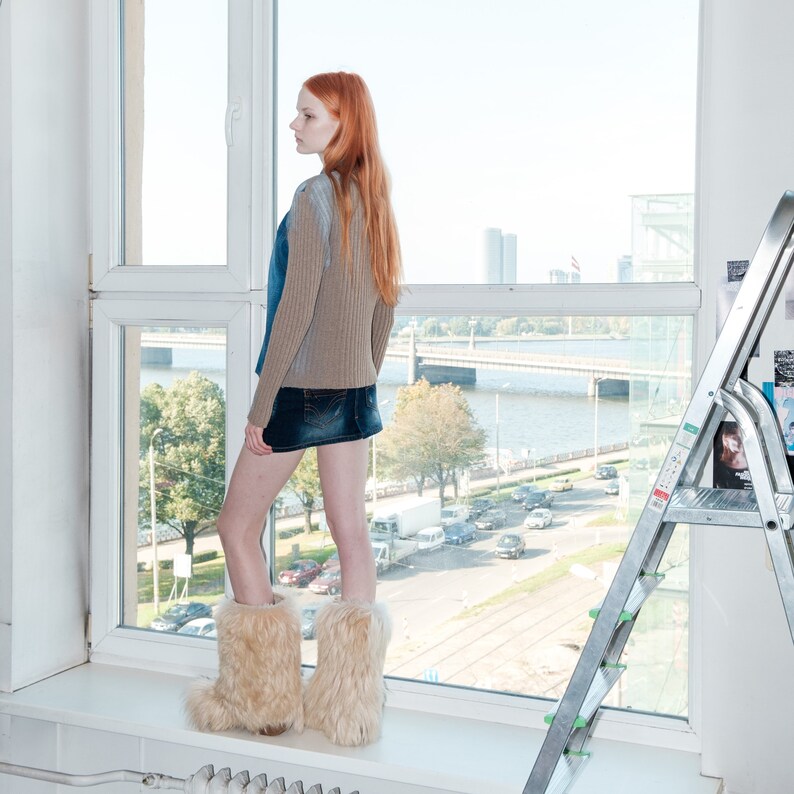 Y2K Vintage denim/ribbed reworked jumper in blue&brown