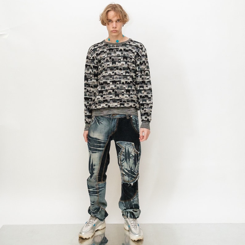 90s Vintage retro unique window jumper in grey tones