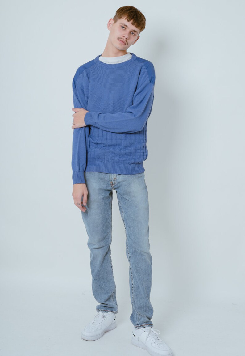 Vintage Minimal Round Neck Cotton Sweater in Blue Knit XS/S