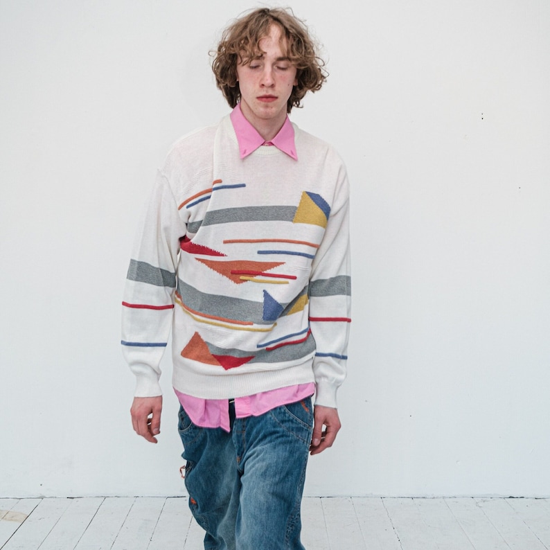 90s Vintage abstract print minimalistic jumper in off white