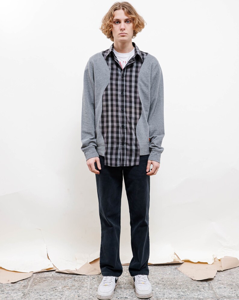 Vintage Reworked Grey Check Shirt Sweatshirt Sleeve Unisex M