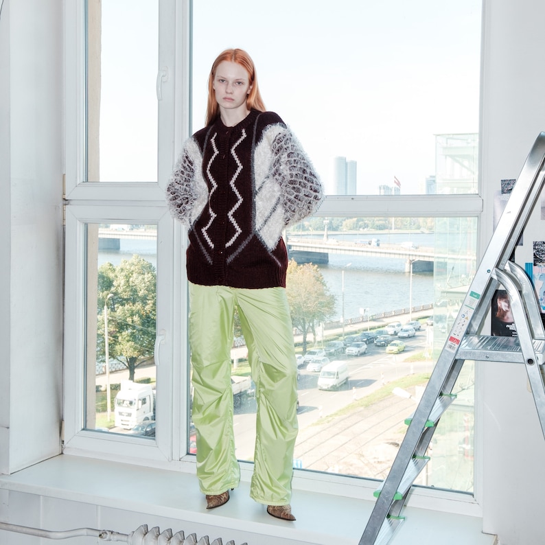 90s Vintage cute fluffy sleeves cardigan in brown & white