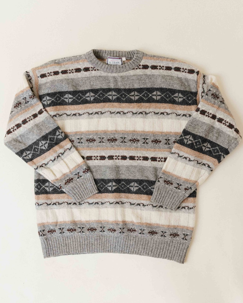 Vintage 90s Fair Isle Crew Neck Knit Wool Jumper Men M/L