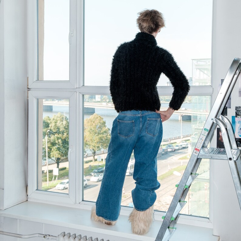 90s Vintage fluffy eyelash yarn turtleneck jumper in black