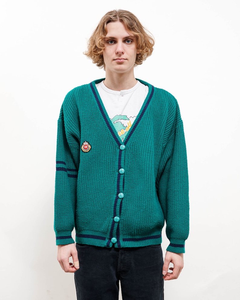 Vintage 90s Preppy Green V Neck Button Up Knit Cardigan M
