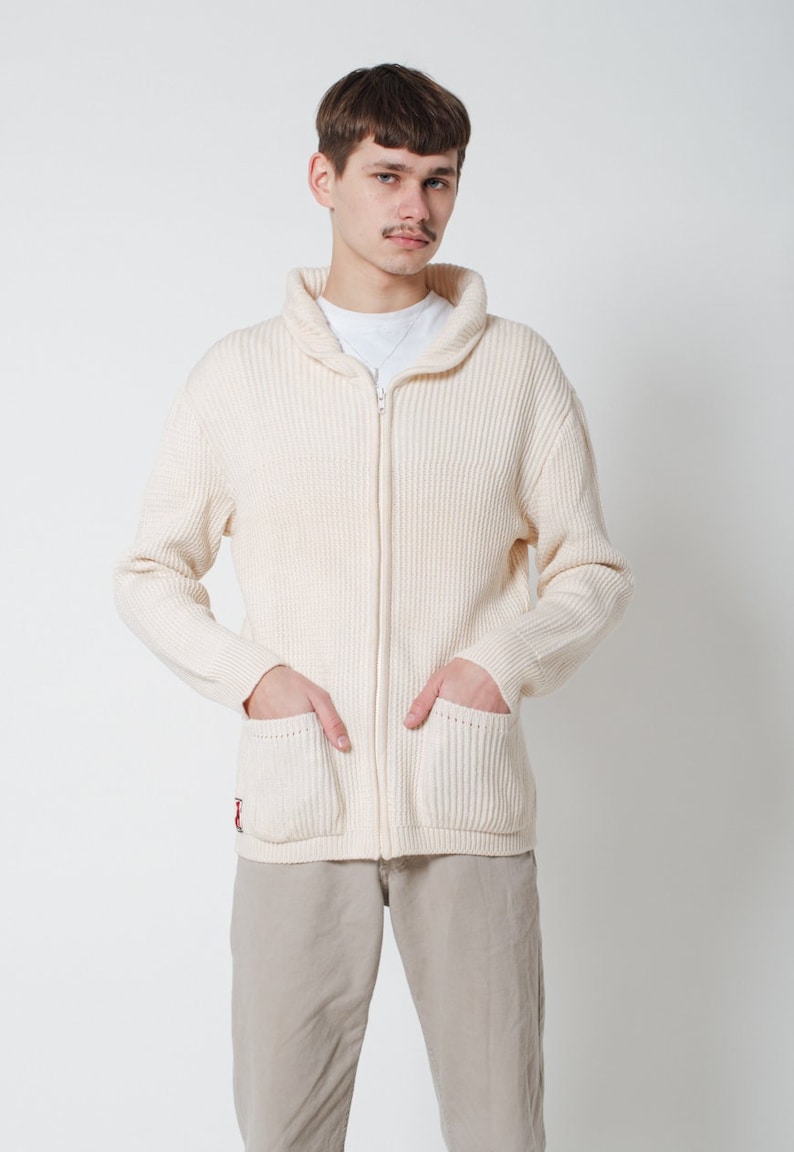 Vintage 90s Preppy Zip Up Wool Cardigan in Cream Unisex
