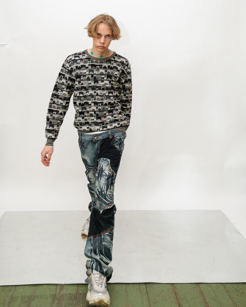 90s Vintage retro unique window jumper in grey tones