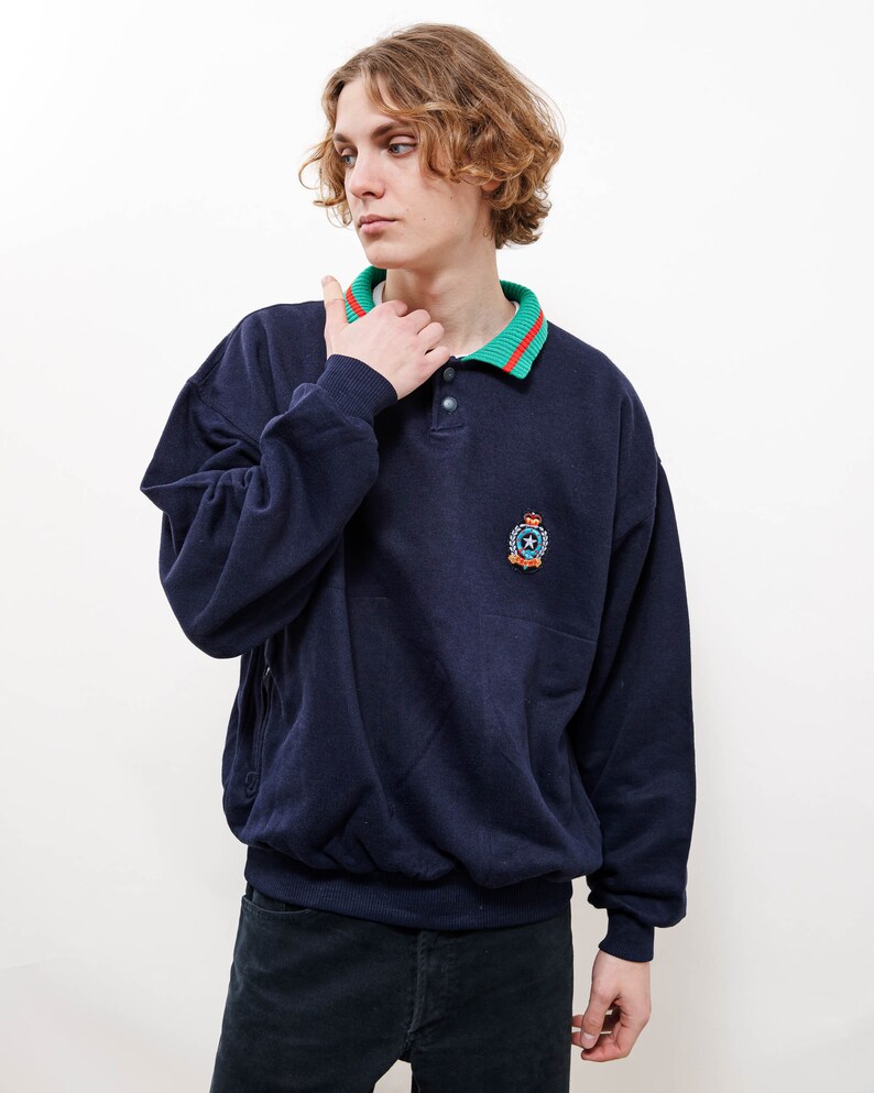 Vintage 80s Relaxed Navy Blue Crown Half Button Sweatshirt M