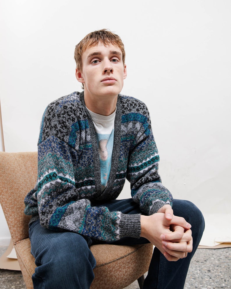 Vintage 80s Grandad Geometric V Neck Button Up Cardigan M