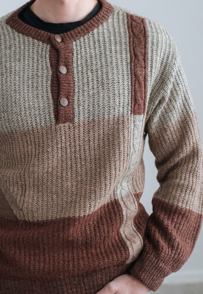 Vintage 80s Half Button Preppy Jumper in Brown Unisex L/XL