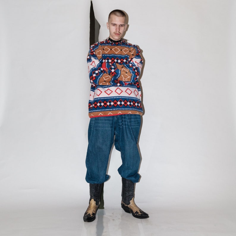 90s Vintage geometric Nordic print warm fleece jumper