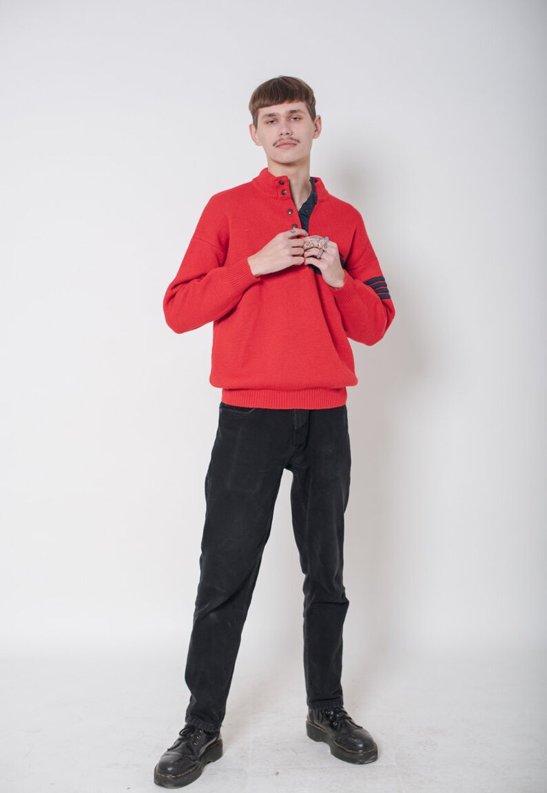 Vintage 90s Popper Fastening Neck Wool Jumper in Red Unisex