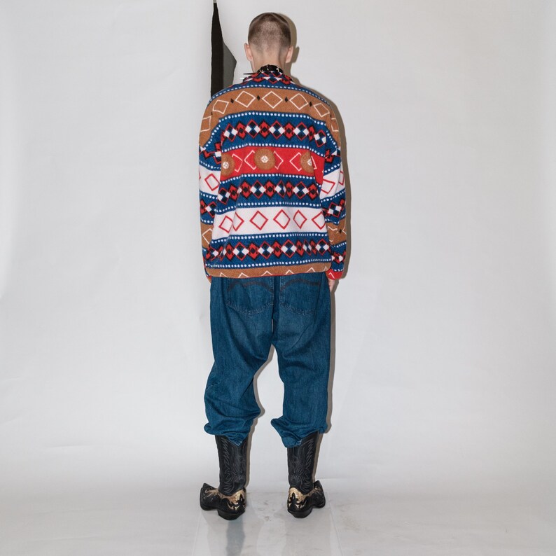 90s Vintage geometric Nordic print warm fleece jumper