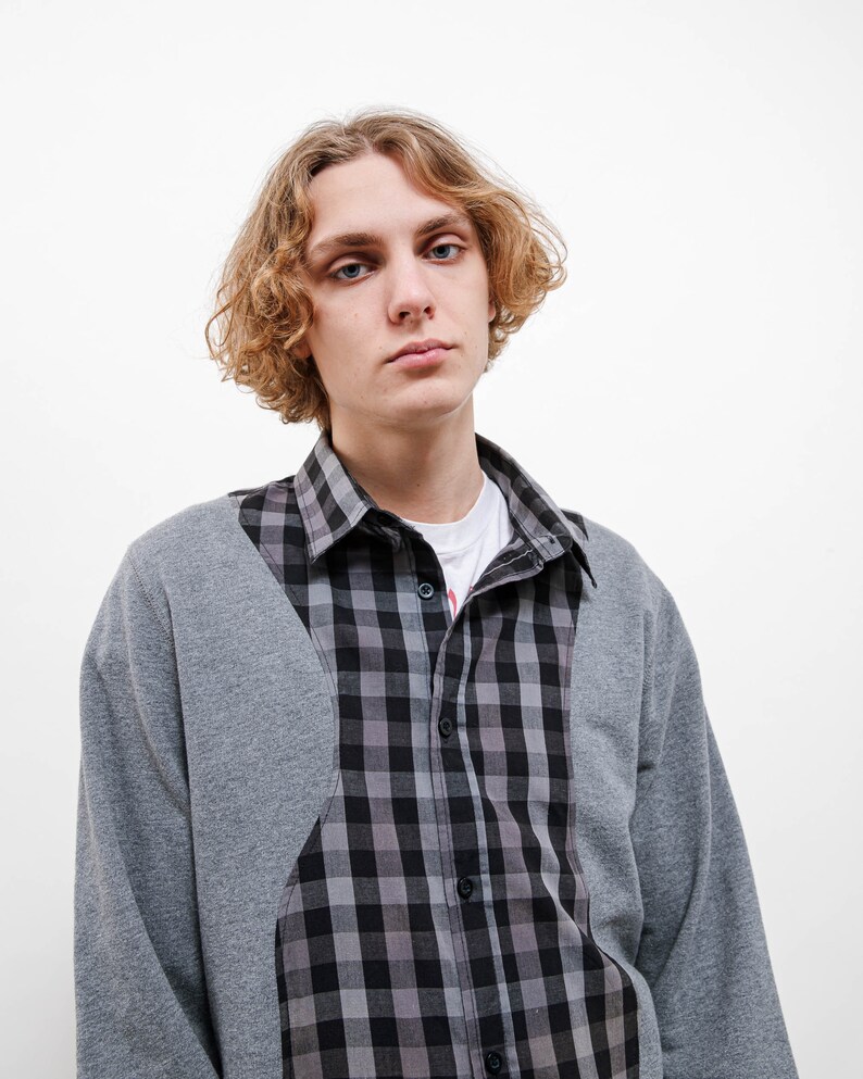 Vintage Reworked Grey Check Shirt Sweatshirt Sleeve Unisex M