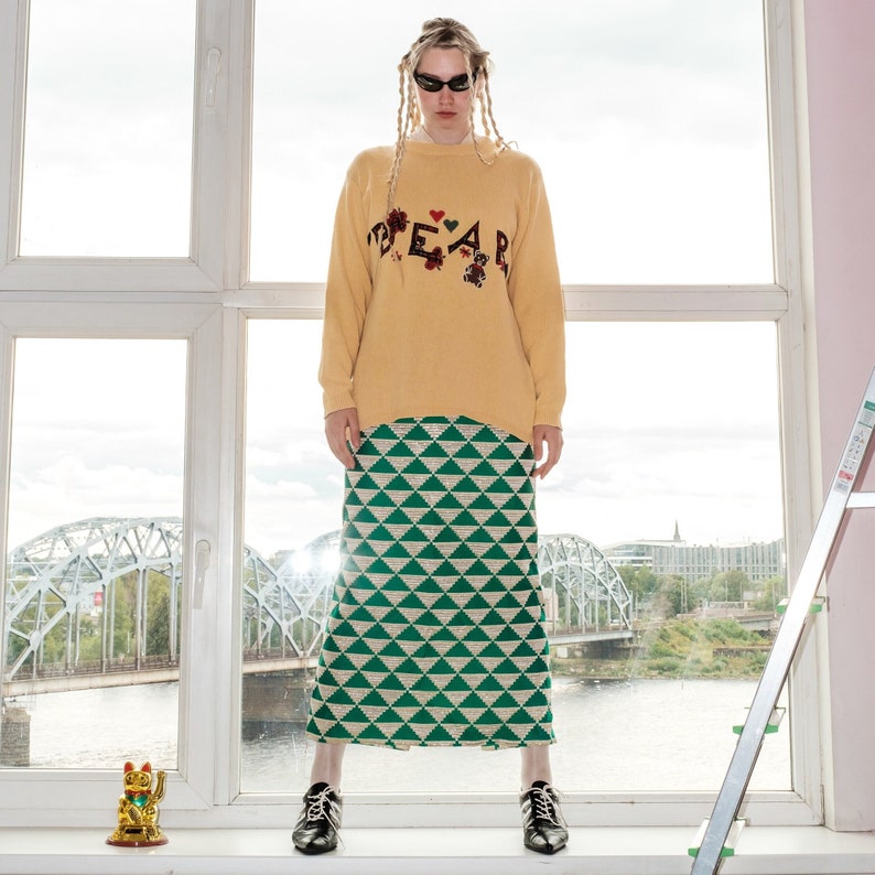 90s Vintage adorable bear patchwork jumper in yellow