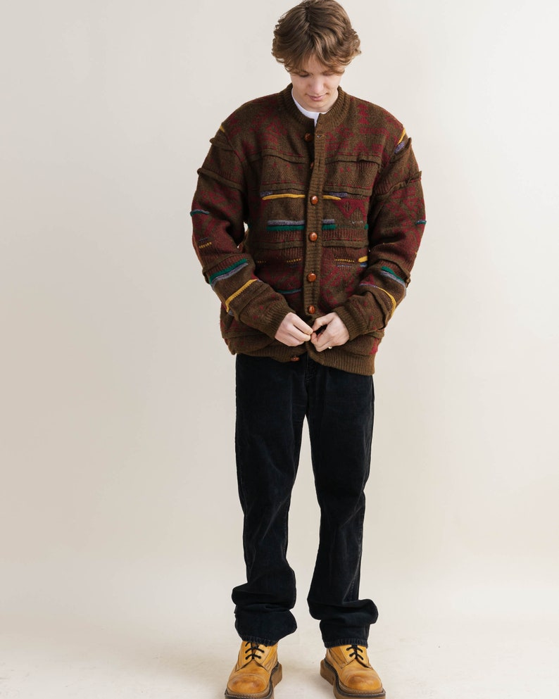Vintage 80s Lined Brown Crazy Pattern Cardigan Jacket XL