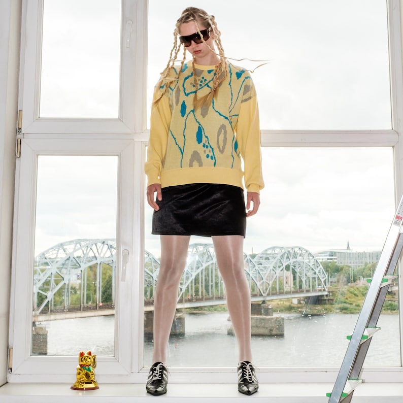 90s Vintage retro abstract print trendy jumper in yellow