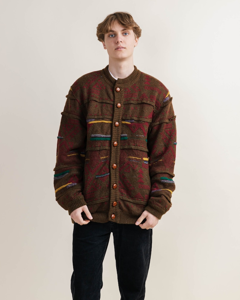 Vintage 80s Lined Brown Crazy Pattern Cardigan Jacket XL