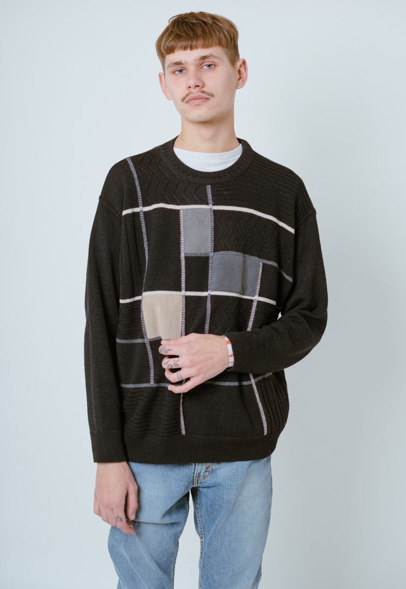 Vintage Round Neck Grandad Wool Sweater in Multi Knit M