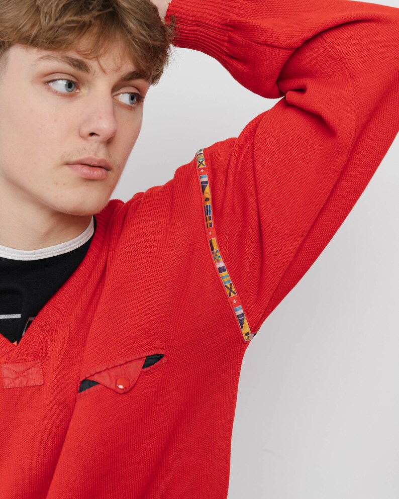 Vintage 80s V-neck Wool&Acrylic Boxy Red Knit Jumper Unisex