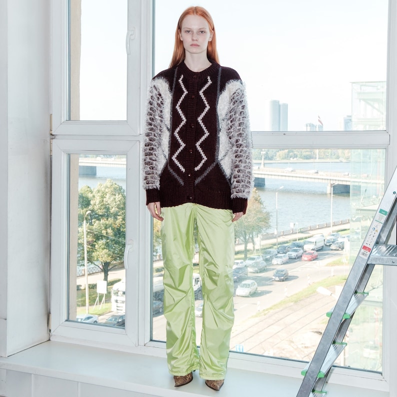 90s Vintage cute fluffy sleeves cardigan in brown & white