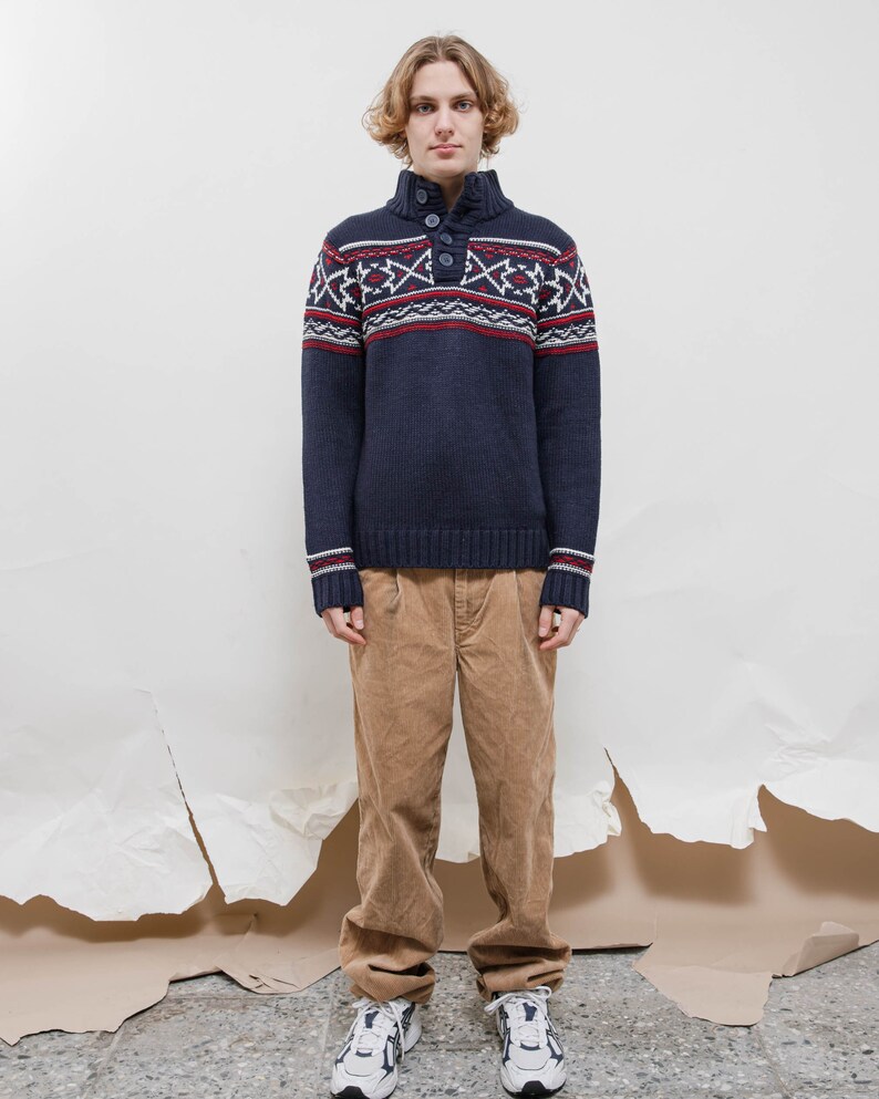 Vintage 90s Nordic Blue Half Button High Neck Knit Jumper