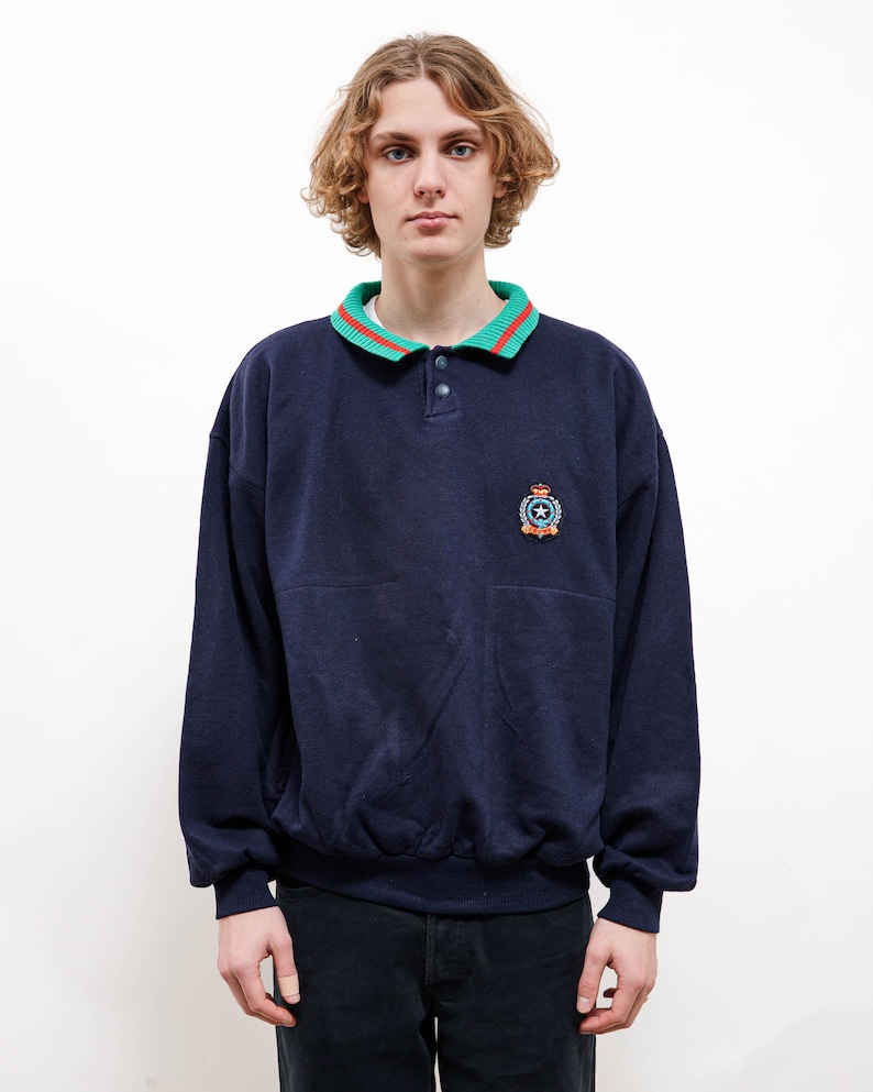 Vintage 80s Relaxed Navy Blue Crown Half Button Sweatshirt M