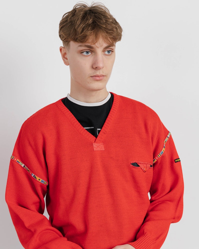 Vintage 80s V-neck Wool&Acrylic Boxy Red Knit Jumper Unisex