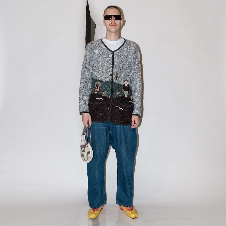 90s Vintage retro ugly print cardigan in muted multicolors