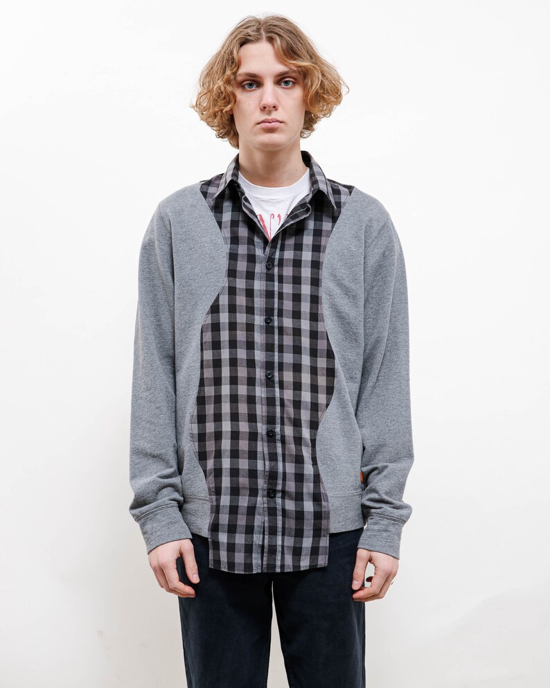 Vintage Reworked Grey Check Shirt Sweatshirt Sleeve Unisex M