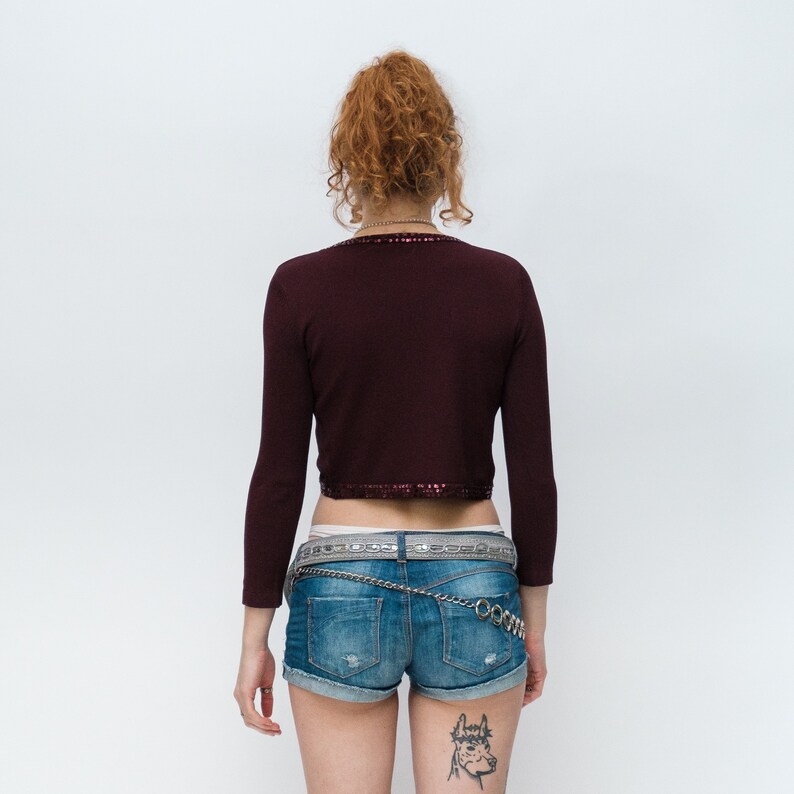 90s Vintage retro embellished tiny cardigan in burgundy