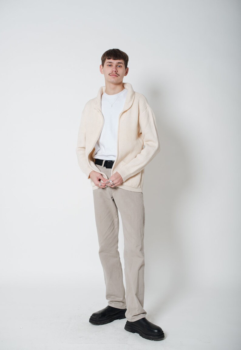 Vintage 90s Preppy Zip Up Wool Cardigan in Cream Unisex