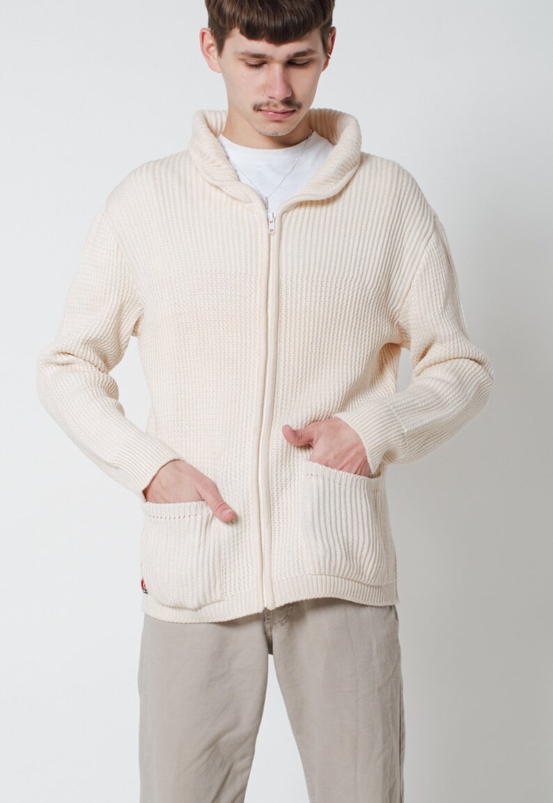 Vintage 90s Preppy Zip Up Wool Cardigan in Cream Unisex