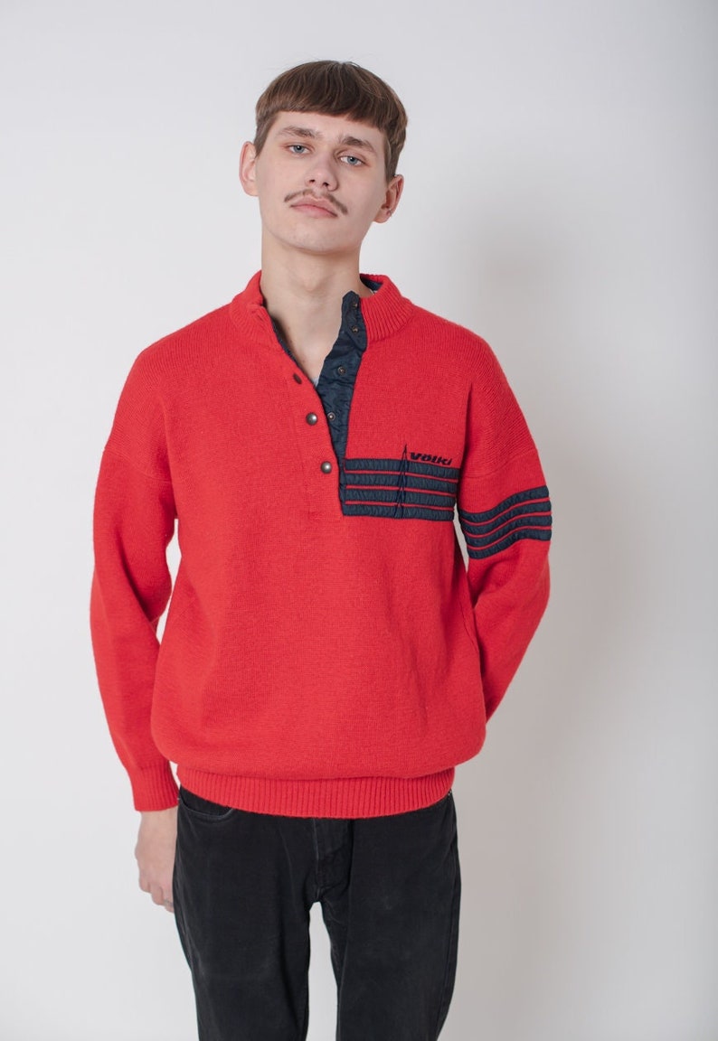 Vintage 90s Popper Fastening Neck Wool Jumper in Red Unisex