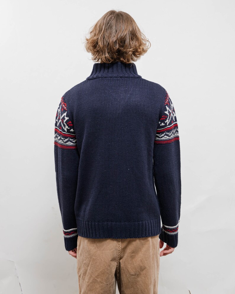 Vintage 90s Nordic Blue Half Button High Neck Knit Jumper