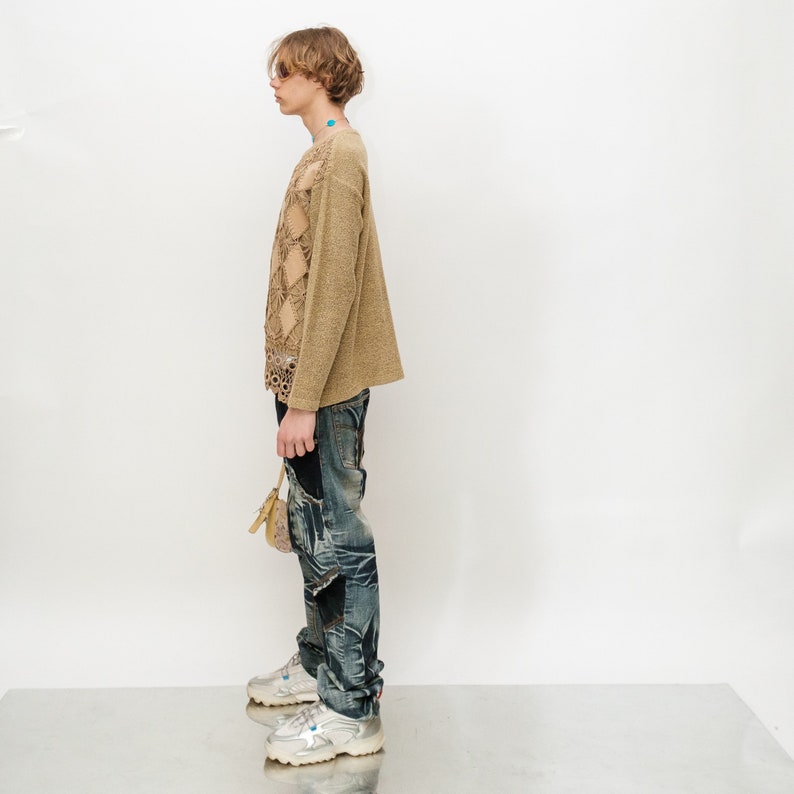 Vintage Y2K sexy argyle pattern crochet jumper in tan