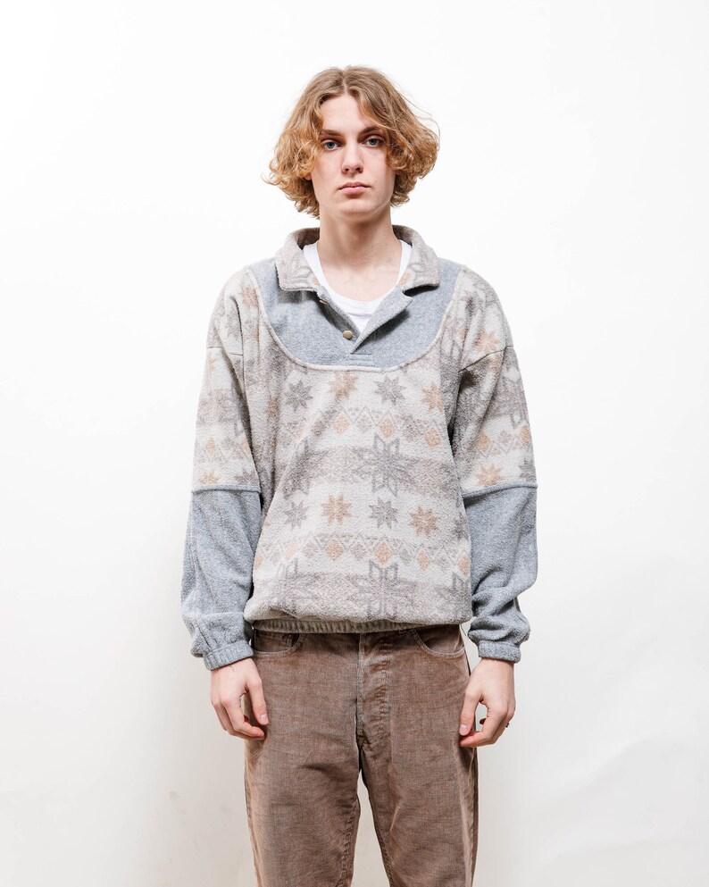 Vintage 80s Nordic Snowflake Half Button Fleece Jumper M