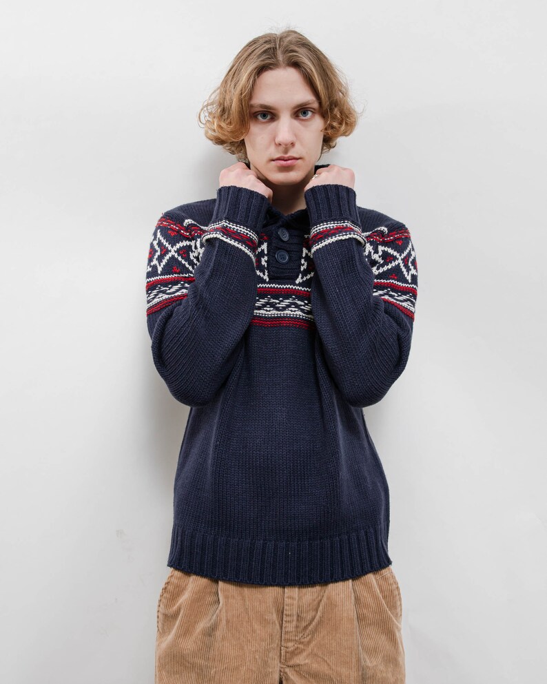 Vintage 90s Nordic Blue Half Button High Neck Knit Jumper