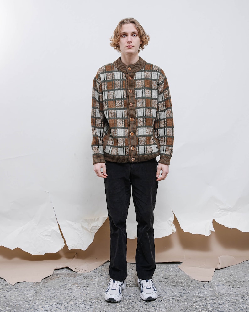 Vintage 90s Boho Check Round Neck Button Up Cardigan Men L