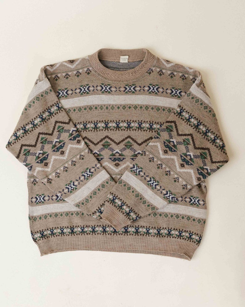 Vintage 90s Brown Striped Round Neck Knit Jumper Men M