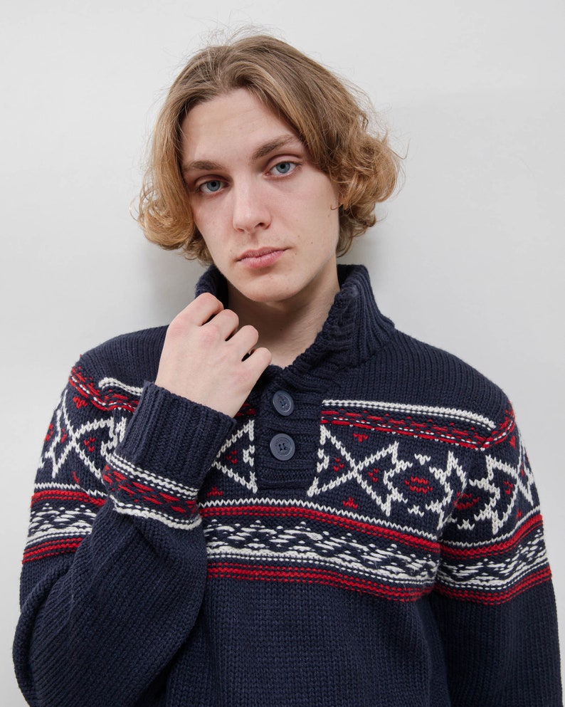 Vintage 90s Nordic Blue Half Button High Neck Knit Jumper