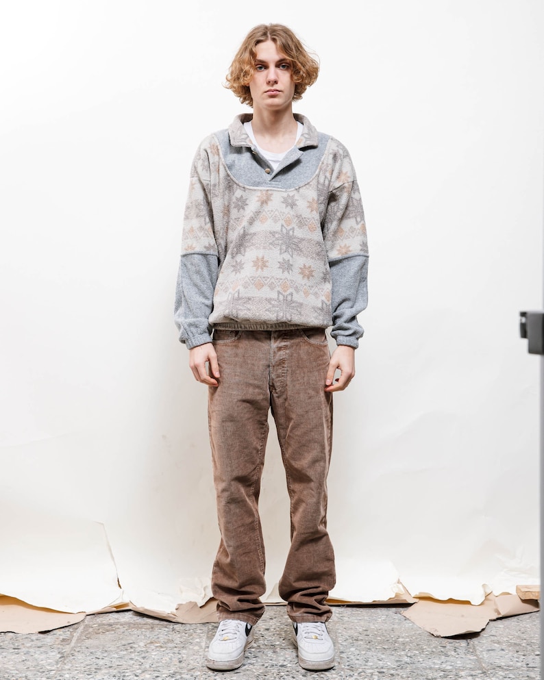 Vintage 80s Nordic Snowflake Half Button Fleece Jumper M