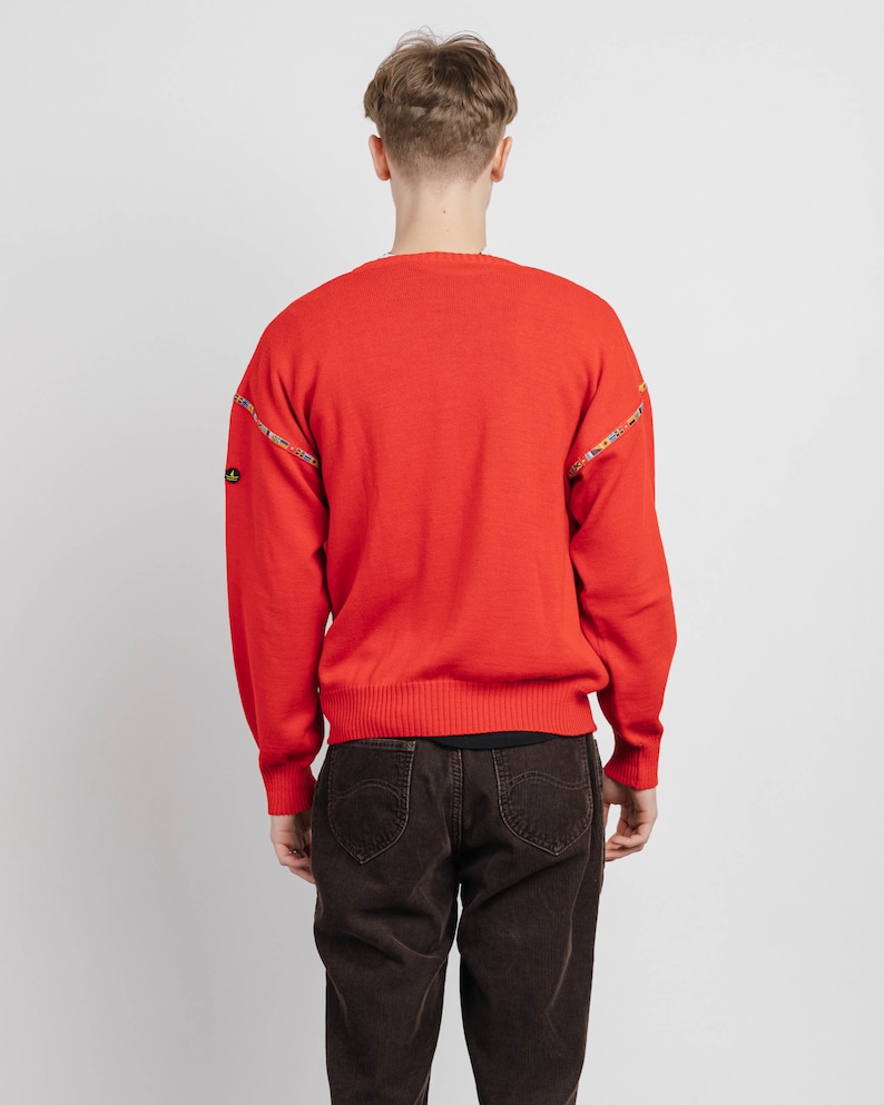 Vintage 80s V-neck Wool&Acrylic Boxy Red Knit Jumper Unisex