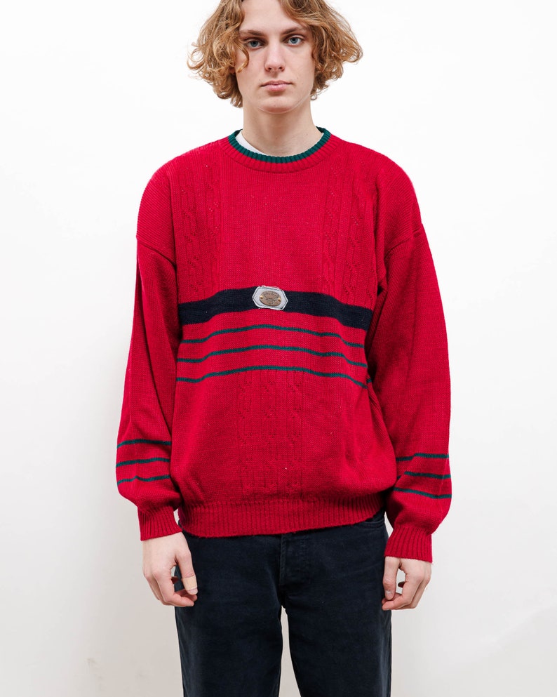 Vintage 80s Red Boxy Striped Taurus Knitted Jumper Men M