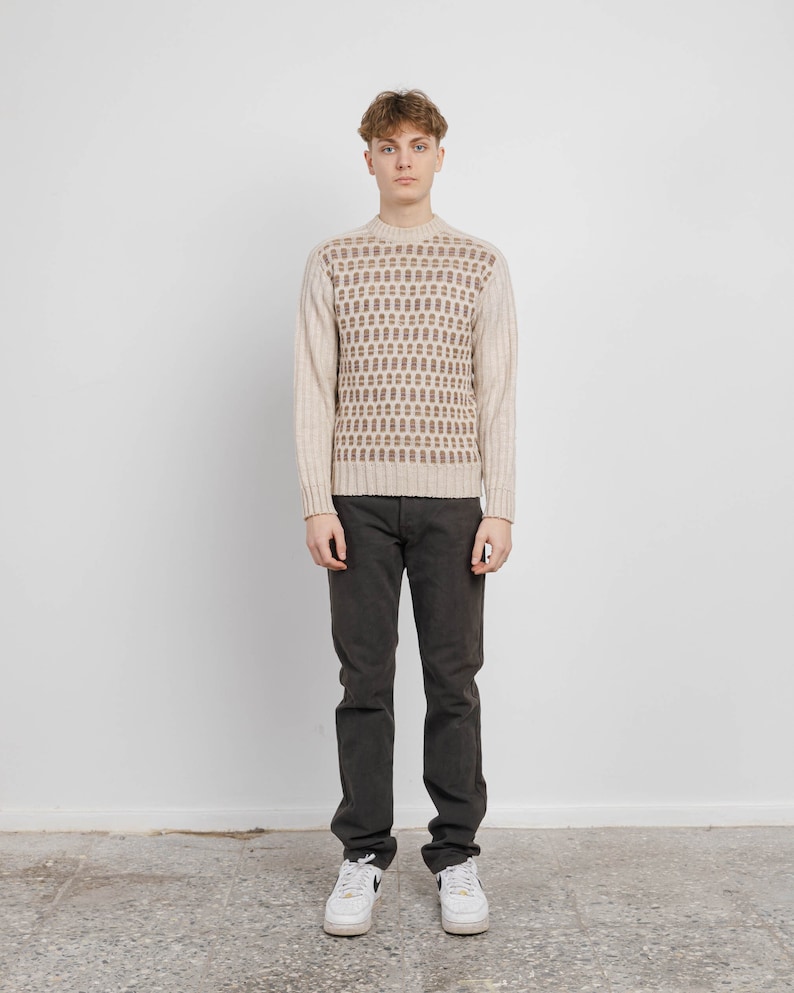 Vintage 80s Abstract Pattern Roundneck Cream Men Jumper S