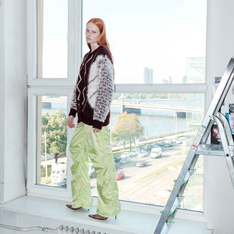 90s Vintage cute fluffy sleeves cardigan in brown & white