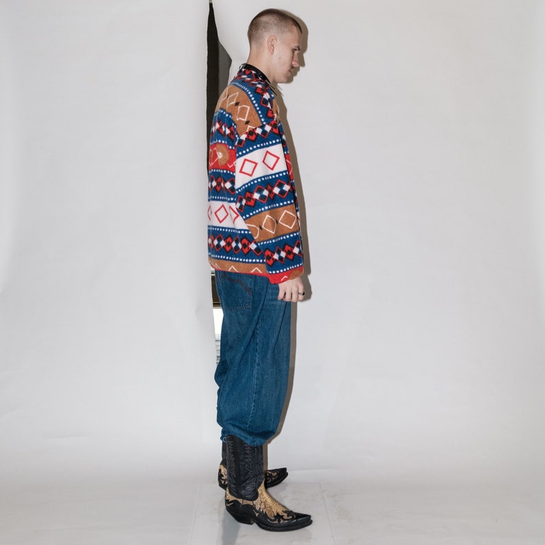 90s Vintage geometric Nordic print warm fleece jumper