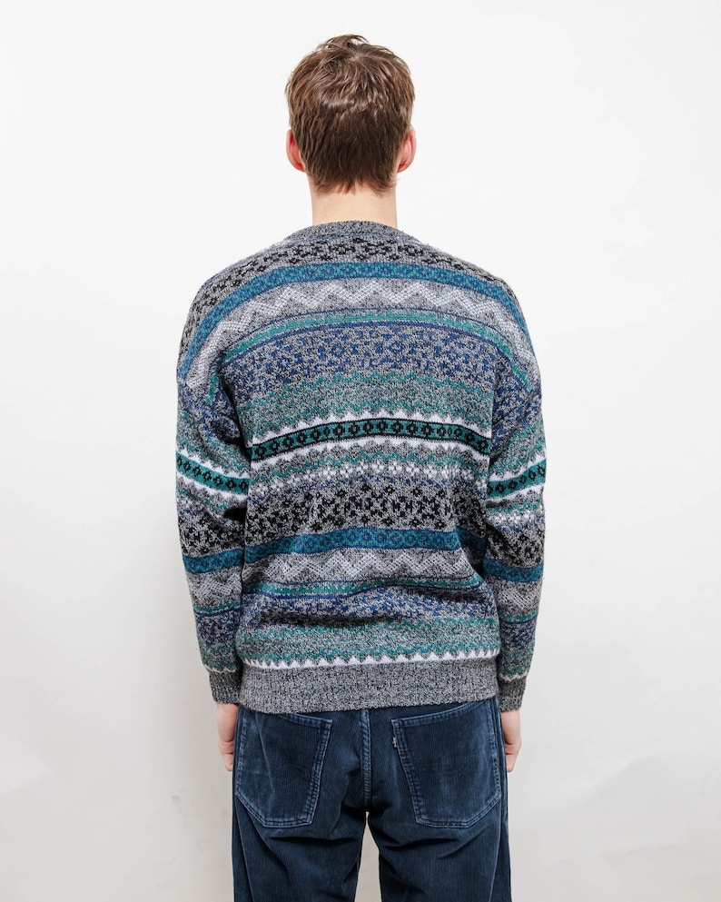 Vintage 80s Grandad Geometric V Neck Button Up Cardigan M