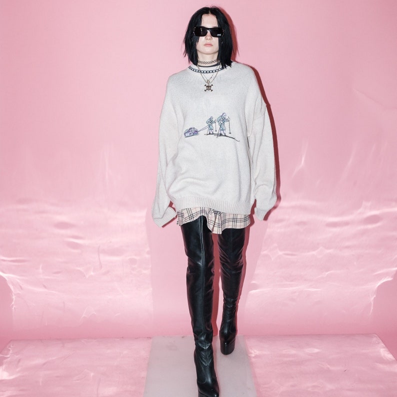 90s Vintage retro skiers embroidery jumper in off-white