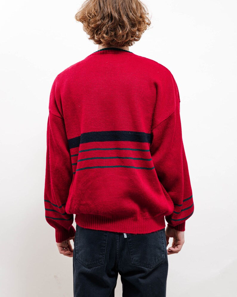 Vintage 80s Red Boxy Striped Taurus Knitted Jumper Men M